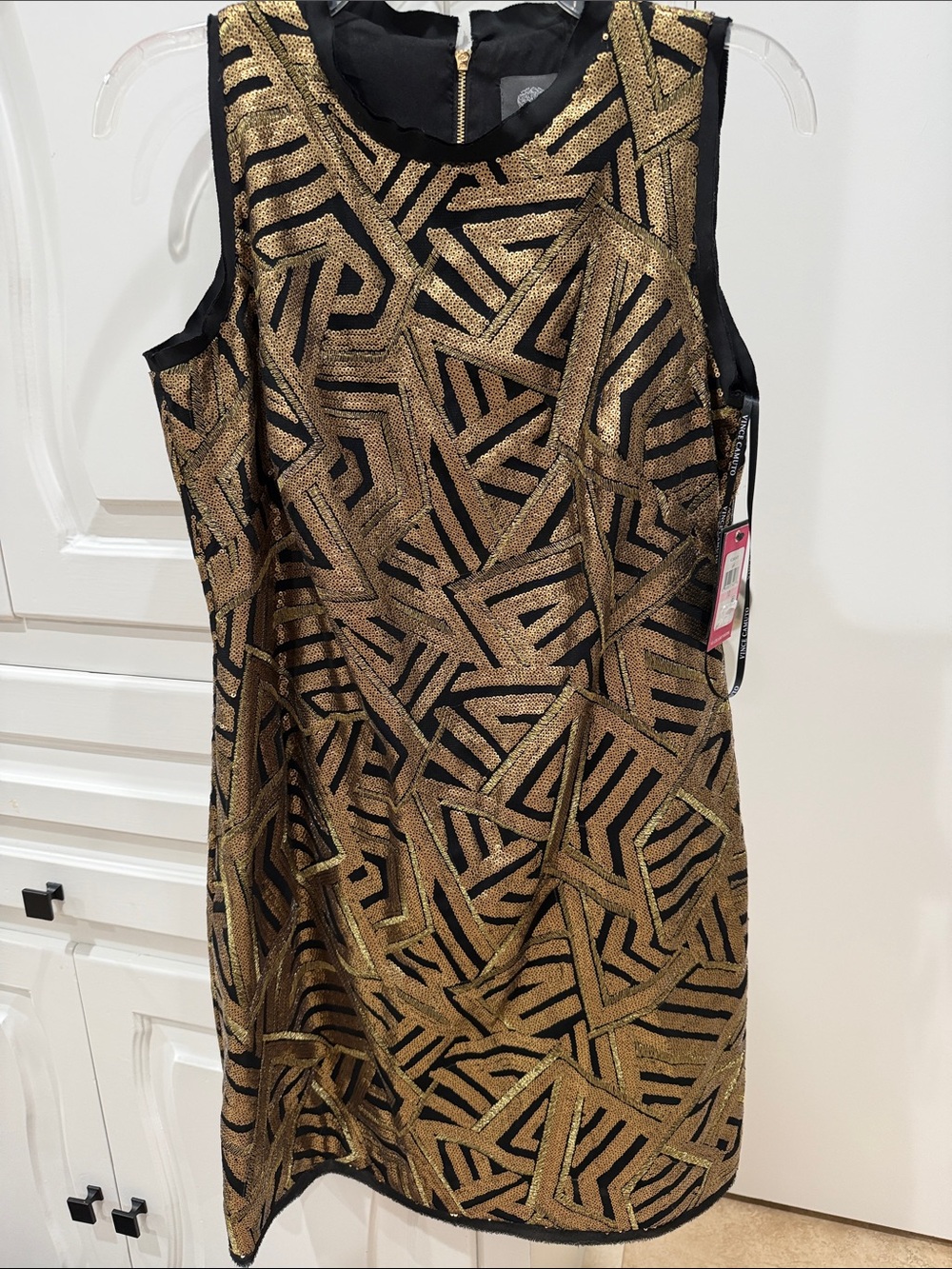 Vince Camuto Black and Gold Geometric Sleeveless Dress
